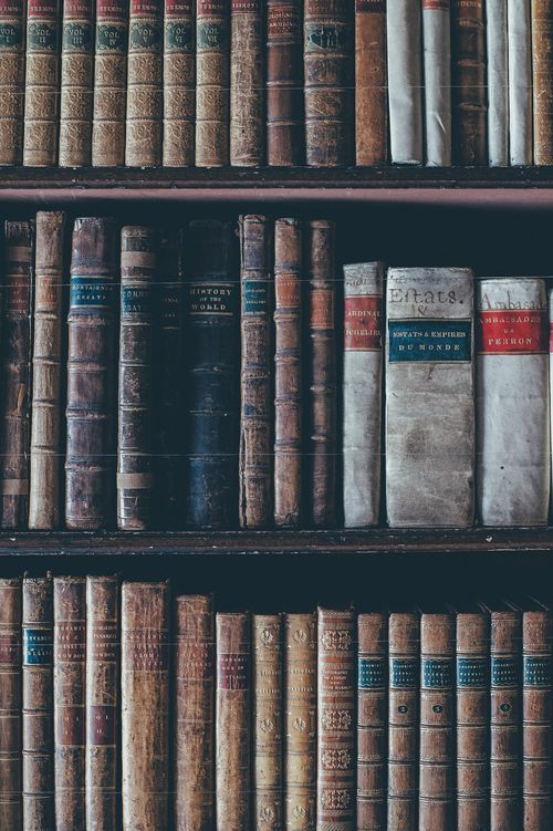Close-up of antique book spines packed on a library shelf
